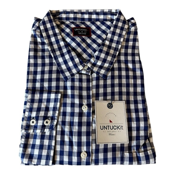 UNTUCKit Women's Belleza Button Up Long Sleeve Blue Gingham Shirt Navy White NEW - Picture 2 of 13